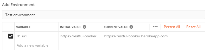 The add environment section of Postman, with a variable named rb_url added and checked